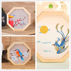 DIY Bird with Flower/Sun Pattern Embroidery Painting Kits, Including Printed Cotton Fabric, Embroidery Thread & Needles & Hoops, Octagon Wood Frame