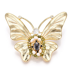 Natural Pearl & Glass Butterfly Brooches for Women, Brass Cubic Zirconia Pins