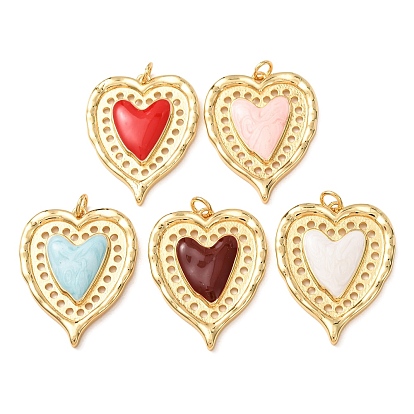Brass Pendants, with Enamel, Heart Charms, Rack Plating, Long-Lasting Plated, Lead Free & Cadmium Free, Real 18K Gold Plated