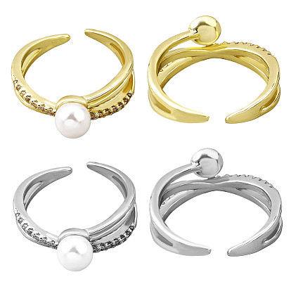4 шт. 2 цвета латуни микропаве кубический цирконий регулируемые манжеты открытые кольца, с имитацией жемчуга