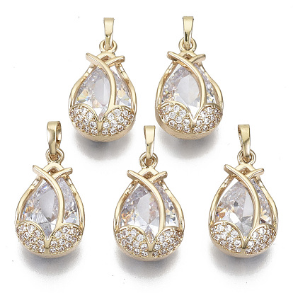 Brass Micro Cubic Zirconia Pendants, Cadmium Free & Nickel Free & Lead Free, with Glass and Brass Snap on Bails, Teardrop, Light Gold