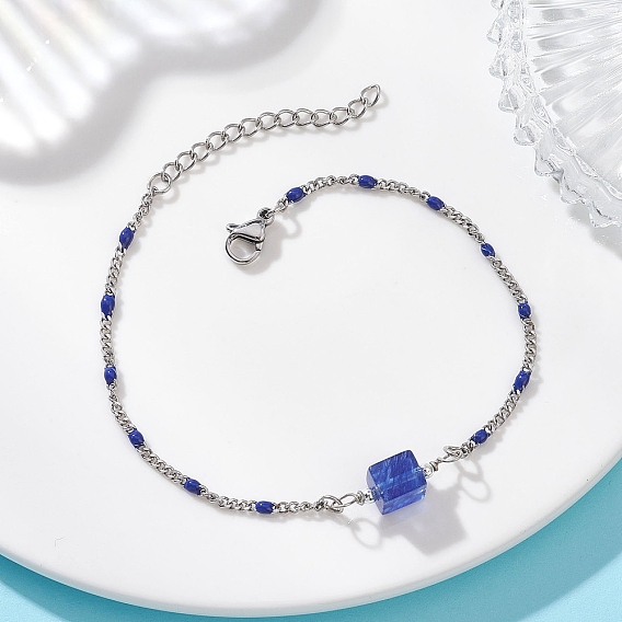 Синий арбузный камень стеклянная бусина ссылка btacelets, 304 Браслеты из эмалированной нержавеющей стали с панцирными цепочками для женщин, кубические