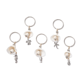 5Pcs 5 Styles Spiral Shell Keychain, with Iron Split Key Rings, Gemstone Beads, Alloy Charms and Nylon Thread