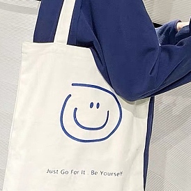 Pochettes en toile de coton, avec une poignée, sacs à bandoulière pour faire du shopping, rectangle avec un visage souriant