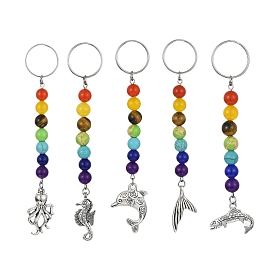 Marine Animal Alloy Keychains, with Chakra Natural & Synthetic Gemstone Beads and 304 Stainless Steel Keychain Ring, Mixed Shapes