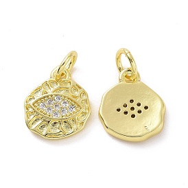 Brass Micro Pave Clear Cubic Zirconia Charms, with Jump Ring, Irregular Flat Round with Eye