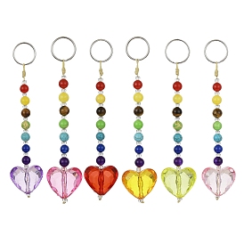 Porte-clés acryliques coeur, avec perles de pierres précieuses naturelles et synthétiques chakra et anneau porte-clés en fer