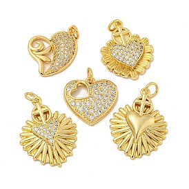 Brass Micro Pave Cubic Zirconia Pendants, with Jump Ring, Heart Charms