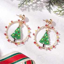 Серьги-гвоздики в виде елки из стеклянного бисера ручной работы, латунь болтаться серьги