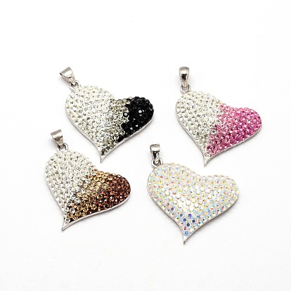 Mixed Style 925 Sterling Silver Polymer Clay Austrian Crystal Pendants, Heart, 23x28x7mm, Hole: 3x5mm