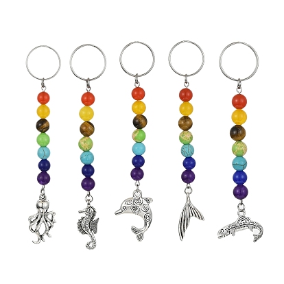 Marine Animal Alloy Keychains, with Chakra Natural & Synthetic Gemstone Beads and 304 Stainless Steel Keychain Ring, Mixed Shapes