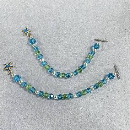 2Pcs Glass Beaded Pendant Decorations, with Alloy Enamel Starfish Pendants and 304 Stainless Steel Toggle Clasps
