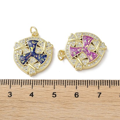 Brass Micro Pave Clear Cubic Zirconia Pendants, with Synthetic Opal and Jump Ring, Real 18K Gold Plated, Shield