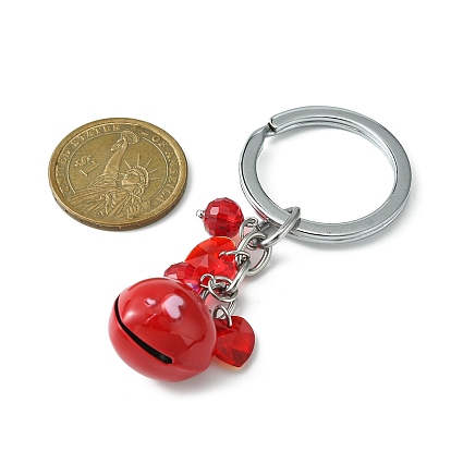 Valentine's Day Baking Painted Brass Bell Heart Keychain, with Glass Pendants and Alloy Split Key Rings