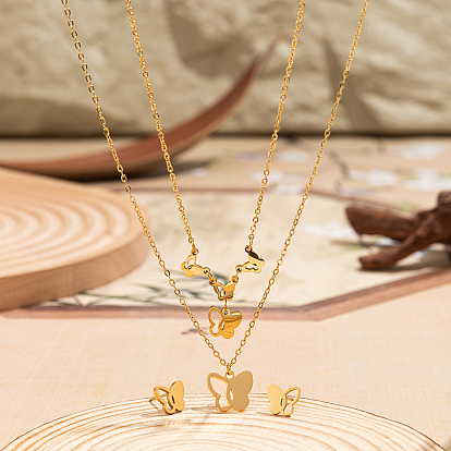 Элегантная бабочка 201 комплект из двухслойного ожерелья и сережек-гвоздиков из нержавеющей стали для женской бижутерии