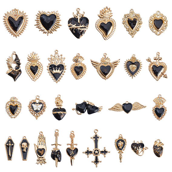 Pendentifs en alliage de zinc, avec l'émail, amulettes cœur sacré/croix/crâne