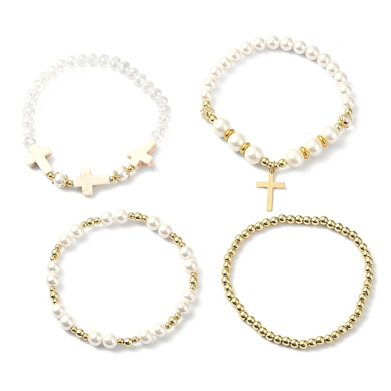 4Pcs 4 Style Shell Pearl & Glass Beaded Stretch Bracelets Set, Brass Cross Charms Stackable Bracelets for Women