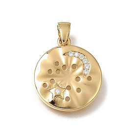 Brass Micro Pave Clear Cubic Zirconia Pendants, Flat Round with Moon & Star Charms