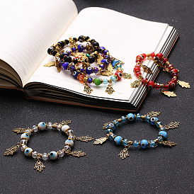 4 шт. 4 стильный набор эластичных браслетов из дерева и бисера «сглаз» для Рамадана и Ид Мубарака, Подвески для рук из сплава хамса, штабелируемые браслеты