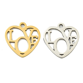 Ion Plating(IP) 201 Stainless Steel Charms, Heart with Word Love Charm, Laser Cut