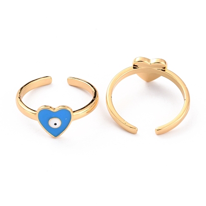 Brass Enamel Cuff Rings, Open Rings, Heart with Evil Eye, Real 18K Gold Plated