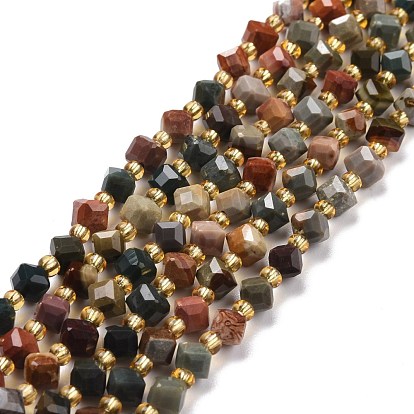 Natural Polychrome Agate Beads Strands, with Seed Beads, Faceted, Diagonal Cube Beads