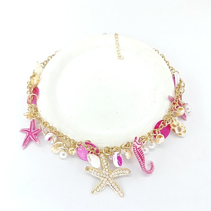 Ожерелья с подвесками из сплава и пластика с жемчугом и натуральными ракушками, золотые, морской конек/форма ракушки/морская звезда