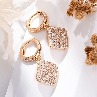 Латунные серьги-кольца из прозрачного кубического циркония, стойки покрытие, долговечный, без свинца и без кадмия, ромб