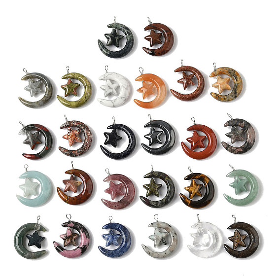 Драгоценный камень подвески, луна со звездными чарами, с петлями из медной проволоки, платина