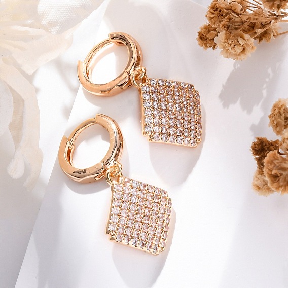 Латунные серьги-кольца из прозрачного кубического циркония, стойки покрытие, долговечный, без свинца и без кадмия, ромб