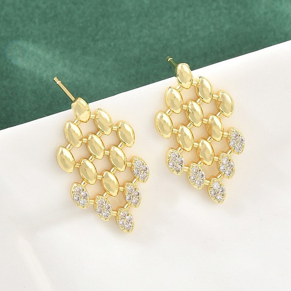 Brass Micro Pave Cubic Zirconia Stud Earrings, Rhombus, Lead Free & Cadmium Free, Long-Lasting Plated, Rack Plating, Real 18K Gold Plated