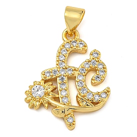 Rack Plating Brass Micro Pave Clear Cubic Zirconia Pendants, Lead Free & Cadmium Free, Long-Lasting Plated, Word & Flower