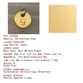 Placage ionique (ip) 304 pendentifs en acier inoxydable, avec des anneaux de saut, charme plat rond