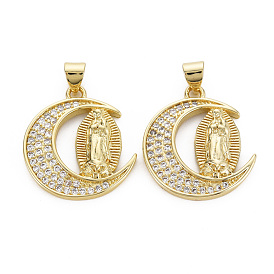 Brass Micro Pave Cubic Zirconia Pendants, Nickel Free, Moon with Virgin