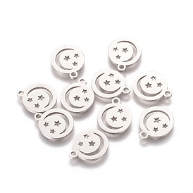 304 Stainless Steel Charms, Laser Cut, Flat Round with Moon and Star