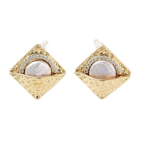 Rhombus Natural Pearl Stud Earrings with Brass Micro Pave Cubic Zirconia and 925 Sterling Silver Pins
