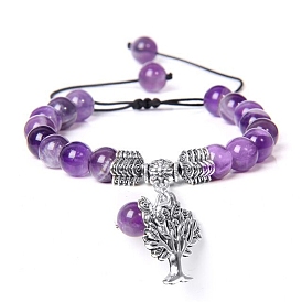 Bracelet de perles tressées en pierres précieuses naturelles avec breloque arbre de vie en alliage pour femme, argent antique