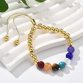 Long-Lasting Plated Brass Beads Slider Bracelets for Women, with Natural Tiger Eye & Dyed Jade &  Synthetic Turquoise & Lampwork Beads