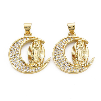 Brass Micro Pave Cubic Zirconia Pendants, Nickel Free, Moon with Virgin