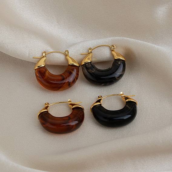 304 Stainless Steel Resin Hoop Earrings for Women, Real 18K Gold Plated