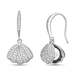 Brass Dangle Earrings, with Shell Pearl and Cubic Zirconia, Shell Shape