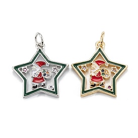 Christmas Themed Brass Micro Pave Cubic Zirconia Pendants, with Enamel and Jump Ring, Long-Lasting Plated, Star with Santa Claus