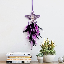 Star with Tree of Life Natural Amethyst Chips Woven Web/Net with Feather Decorations, Home Decoration Ornament Festival Gift
