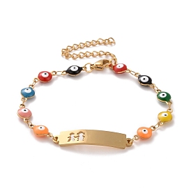 Vacuum Plating 304 Stainless Steel Rectangle with Boy and Girl Link Bracelet, Colorful Enamel Evil Eye Chains Bracelet for Women