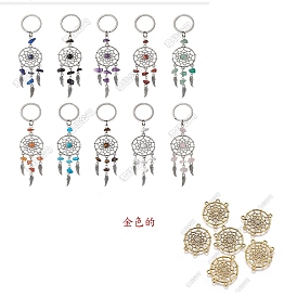 10 pièces 10 pendentifs décoratifs en éclats de pierres précieuses naturelles et synthétiques de couleur, avec des breloques en alliage tressé et en plumes, et des anneaux brisés en fer, plat rond