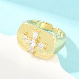 Brass Micro Pave Clear Cubic Zirconia Cuff Open Rings, Rectangle & Cross, Rack Plating, Long-Lasting Plated, Lead Free & Cadmium Free