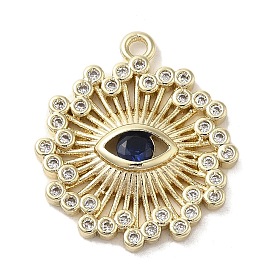 Brass Cubic Zirconia Pendents, with Glass, Long-Lasting Plated, Flat Round with Eye