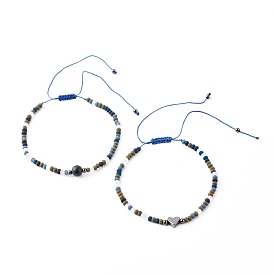 Natural Black Agate Beads Adjustable Nylon Thread Braided Bead Bracelets Sets, with Imitate Austrian Crystal Bicone Glass Beads, Brass Beads, Heart