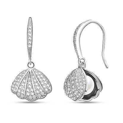 Brass Dangle Earrings, with Shell Pearl and Cubic Zirconia, Shell Shape