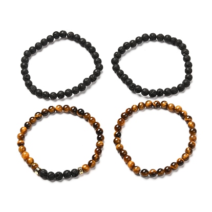 Aromatherapy Essential Oil Diffuser Stretch Bracelets Set for Girl Women, Natural Tiger Eye & Natural Lava Rock & Obsidian Beads Bracelets